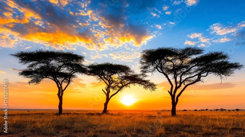 African Savanna Sunset with Acacia Trees.