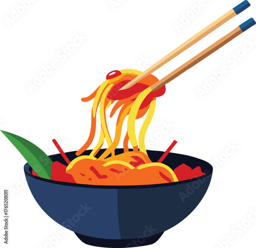 Vector art of a bowl of delicious noodles with chopsticks and red pepper, a flavorful and satisfying meal perfect for a quick and easy lunch or dinner