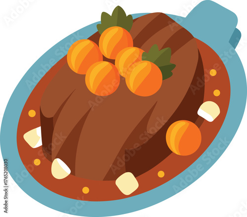 Vector art of delicious braised beef brisket with orange and potato on a white plate, a hearty and flavorful dish perfect for a special occasion