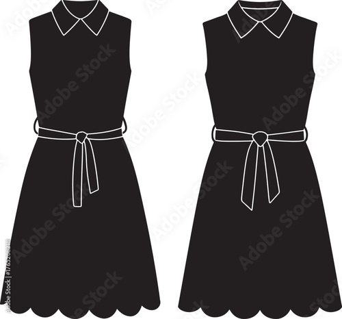 Two black sleeveless dresses with collars and belts silhouette