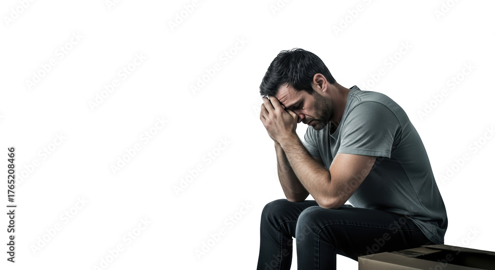 Obraz premium Sad Man Sitting on Cardboard Box Depression Concept creative illustration featuring psychology, dejected, isolation, depressed, therapy,