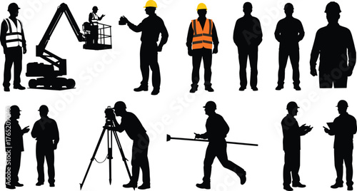 Construction worker silhouette vector set with engineers, surveyors, safety helmets, and industrial equipment for building, site, and engineering design projects