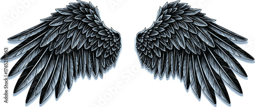 Dark metallic angel wings vector illustration with sharp feather details, symmetrical design, fantasy style, isolated on white background for stock.