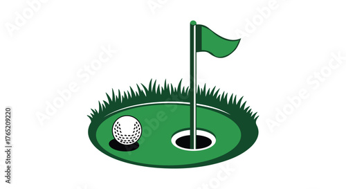 Golf Hole with Flagstick and Ball on Green Putting Area