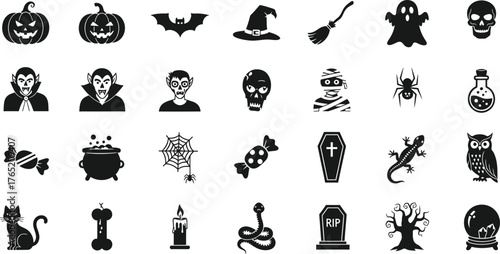Collection of spooky halloween icons including pumpkins bats ghosts witches hats and skulls isolated on transparent background