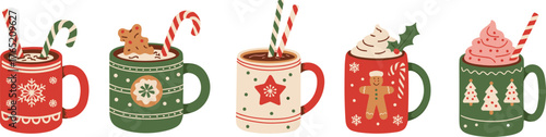 Set of cute Christmas mugs with hot chocolate, whipped cream, candy canes, and gingerbread cookies for festive winter holiday design.