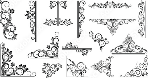 Elegant vintage floral corner ornament vector design set with decorative swirl frames and baroque border elements for invitations and decoration