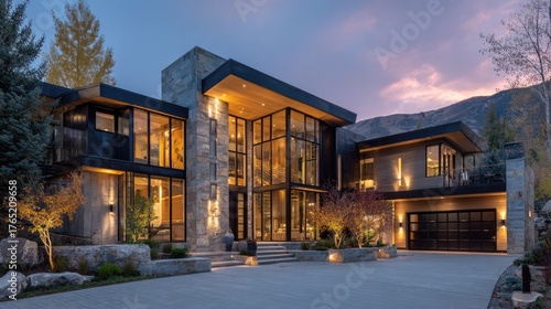 Elegant contemporary residence with large sliding doors, stone cladding, and warm exterior lighting during twilight