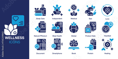 Wellness Icon set. Containing mindfulness, meditation, selfcare, nutrition, fitness and more. Solid vector icons collection. Vector illustration.