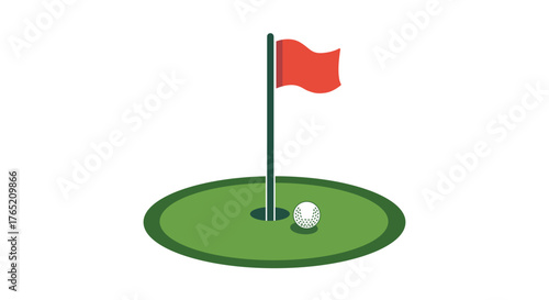 Golf Hole with Ball and Red Flag on Green Putting Surface