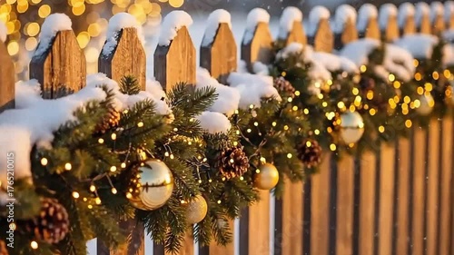 Christmas decorations on a wooden fence during snowfall. 4k UHD quality.
