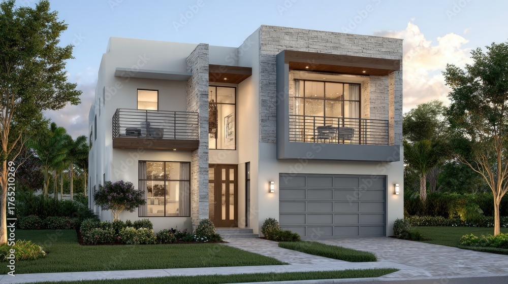 Fototapeta premium Two-story contemporary style house featuring minimalist design, open balcony, and manicured front lawn in daylight