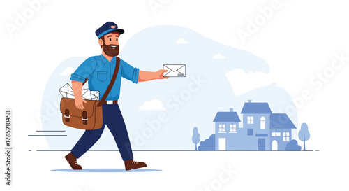 A friendly postal worker delivers mail to houses in a suburban neighborhood.