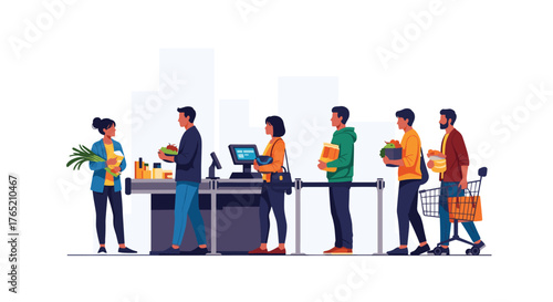 People waiting in a supermarket checkout line to pay for groceries.