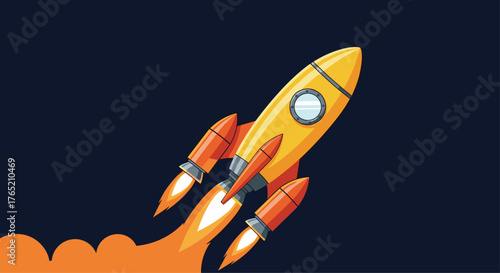 A vibrant yellow rocket blasts off into the dark starry night sky.