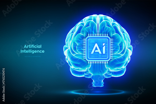 AI chip integrated into the brain. Artificial intelligence in the human brain. Digital brain. Machine Learning. Digital mind. Neural networks. Artificial Intelligence technology. Vector illustration.