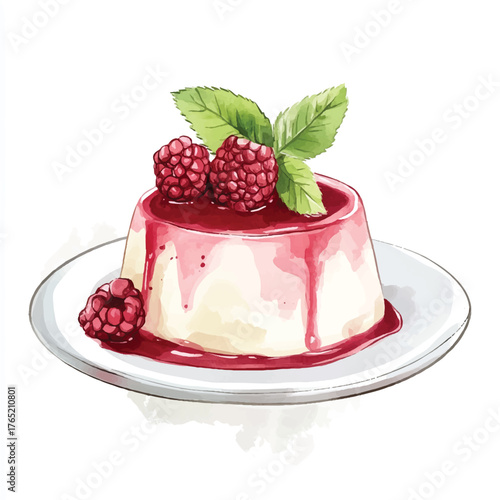 Delicious Panna Cotta Dessert with Fresh Raspberries and Mint Leaves.