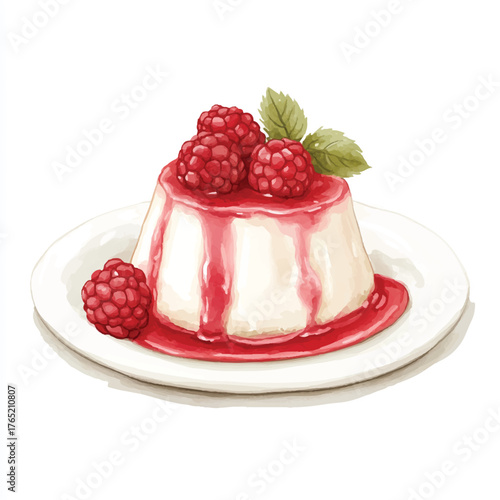 Delicious panna cotta dessert with fresh raspberries and sauce on a plate.