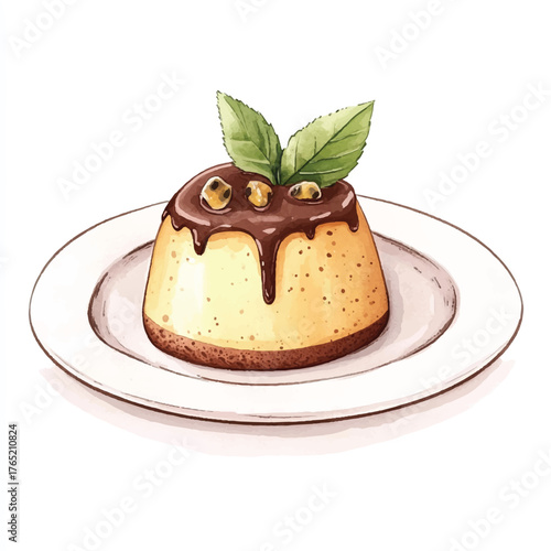 Delicious Panna Cotta with Chocolate Drizzle and Mint Leaves.