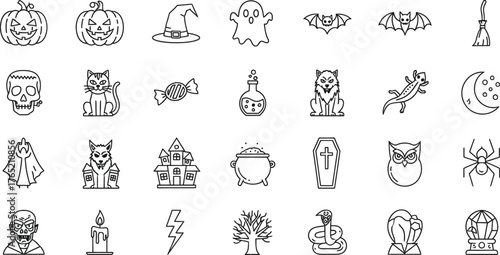 Collection of hand drawn line art illustrations of various ancient artifacts and objects isolated on transparent background
