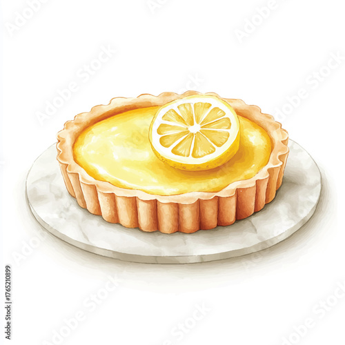 Delicious lemon tart dessert on a white plate with a lemon slice.