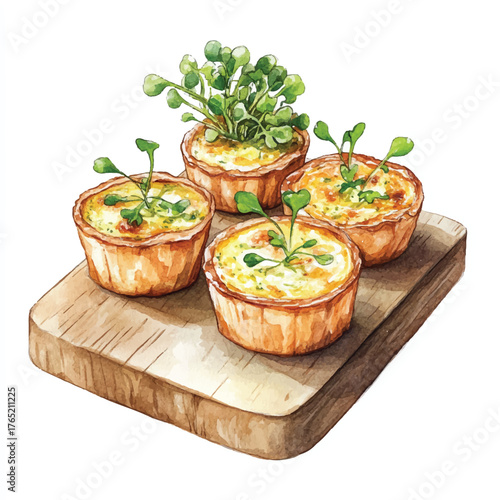 Delicious mini quiches with fresh herbs on a wooden board.