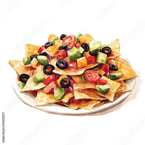 Delicious Nachos Platter with Fresh Vegetables and Olives on a White Plate.