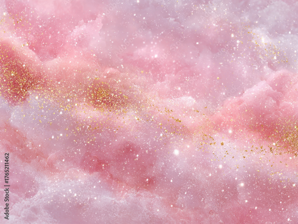 Obraz premium Dreamy pink and gold abstract background with soft clouds and sparkling glitter creates whimsical and ethereal atmosphere. blend of colors and textures evokes sense of wonder and fantasy