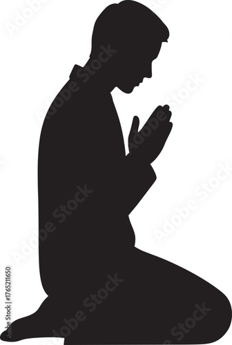 Illustration of man praying in prayer position on white background.
