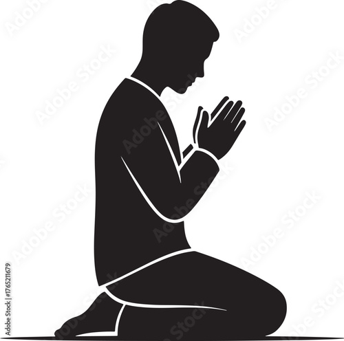 Illustration of man praying in prayer position on white background.