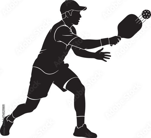Illustration of baseball player silhouette with ball and bat on white background.