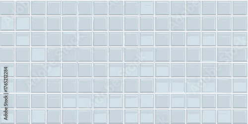 Seamless pattern of light blue square ceramic tiles with white grout lines