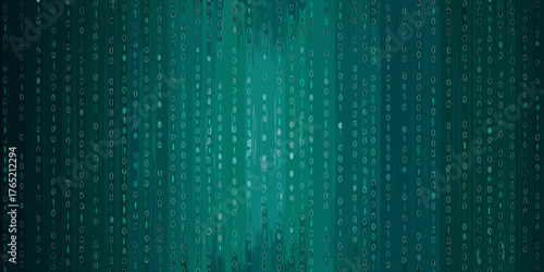 Abstract digital rain of binary code on a dark teal background with vertical streaks