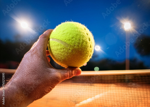 Close-up of a hand holding a tennis ball, preparing to serve on a clay court at night.
