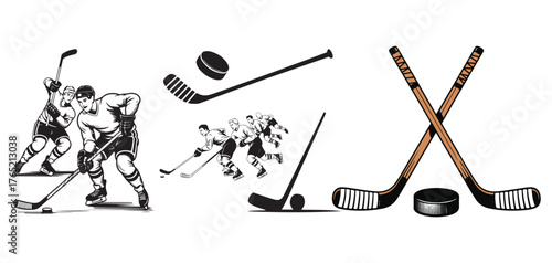 Vintage Ice Hockey Illustration with Sticks, Puck, and Players in Action.