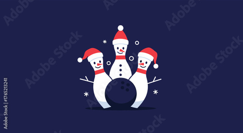 Cheerful snowmen bowling pins wearing Santa hats celebrate winter holidays with a bowling ball for festive fun and sport