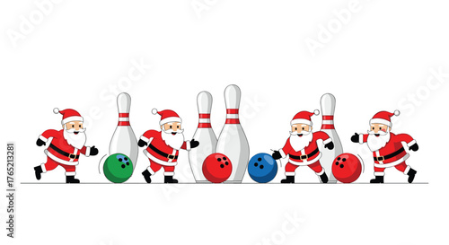 Joyful Santas enthusiastically bowling strikes and spares for festive holiday fun