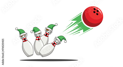 Humorous Christmas bowling pins in elf hats tumble as a red ball speeds towards them for a strike, capturing holiday fun and festive competition.