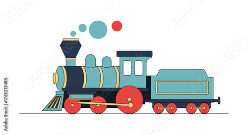 Vibrant vintage steam train chugging along tracks, puffing colorful smoke, perfect for transportation or childhood nostalgia projects.