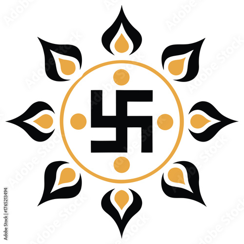 Black and gold swastika symbol with lotus petals vector