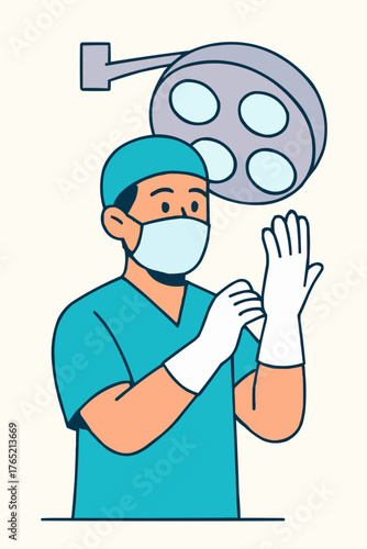 Vector illustration of a surgeon character in scrubs preparing for operation