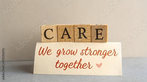Wooden blocks spelling CARE with a positive together message