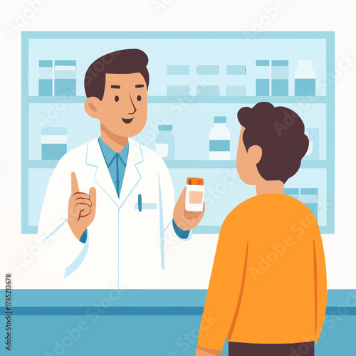 Flat vector of a pharmacist character explaining medication to customer at counter