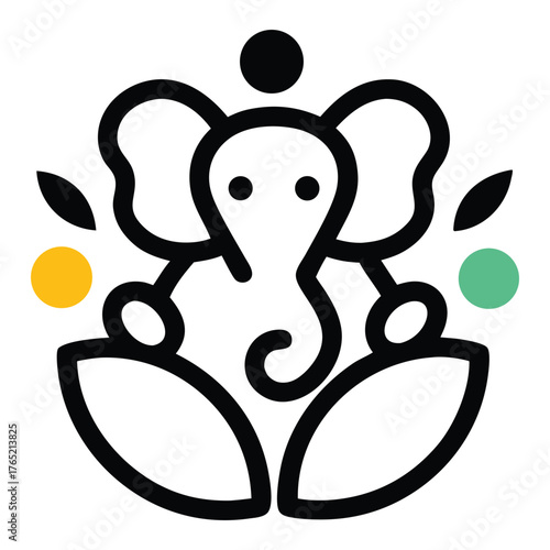 Black line art elephant with yellow and green circles