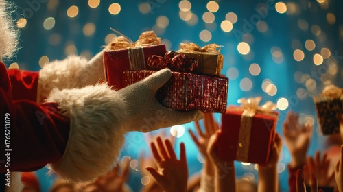 Santa Claus handing out Christmas presents to excited children — festive holiday celebration with lights and gifts