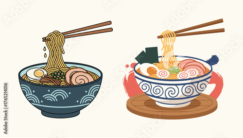 Ramen Culinary Delight: A tempting duo of bowls showcasing the rich flavors and intricate details of classic ramen dishes, ready to be enjoyed with chopsticks.