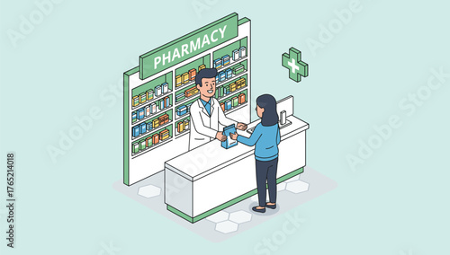 Pharmacy Consultation: In a clean and organized pharmacy setting, a pharmacist and a patient are engaged in a professional consultation, the exchange of prescription, in a setting of healthcare.