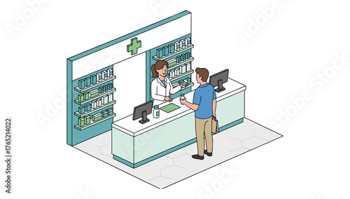 Customer Interaction at Pharmacy: A pharmacist assists a customer at the pharmacy counter, with shelves displaying medications and a medical symbol above the scene.