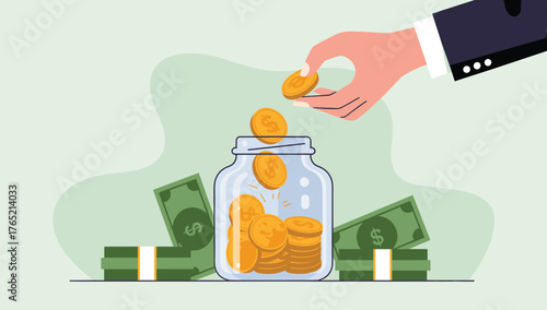 Saving for Tomorrow: A hand carefully deposits a golden coin into a clear glass jar, surrounded by stacks of paper currency, symbolizing prudent financial planning and the accumulation of wealth.