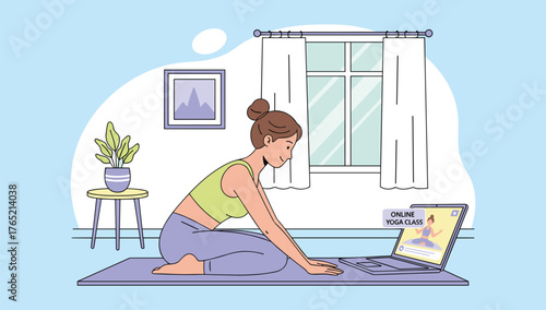 Digital Zen: A woman practices yoga at home, connected to a virtual class through her laptop, embracing wellness, and mindfulness.
